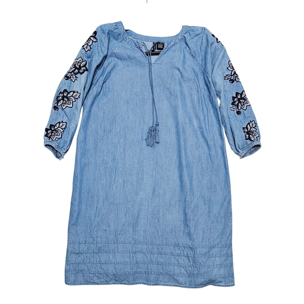New Directions Dress Womens M‎ Blue Chambray Embroidered Boho Tassel Shift Dress